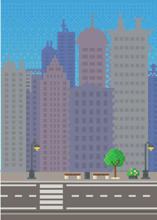 Empty city vector illustration. City downtown landscape with skyscraper silhouettes. Design for mobile app, computer game. Low-rise apartment buildings on background of sky. Modern town architectureのイラスト素材