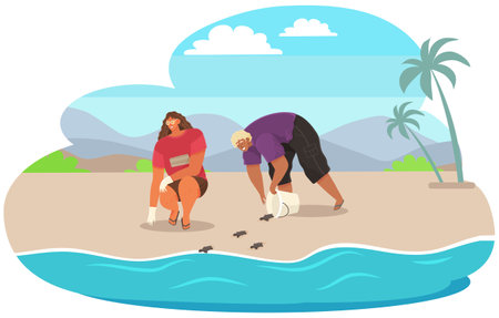Couple rescuing turtles on beach. Volunteers release animals into open ocean. Reptiles crawl out of buckets and run towards water to swim freely. People take care of turtles on tropical islandのイラスト素材