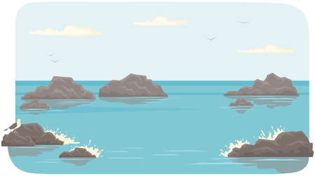 Landscape with salty water on seashore. Waves hit rocks and spray scatters. Water surface of sea with stones. Ocean landscape vector illustration. Vacation at sea and pastime in fresh air conceptのイラスト素材