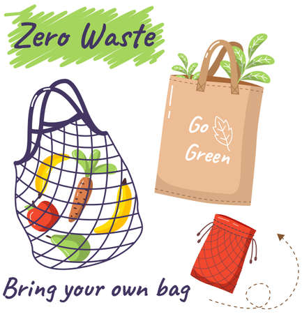 Eco-friendly reusable bag set with products. Zero waste collection. Bio concept, no plastic. Ecological style save planet, use safe packaging. Waste management idea, appeal for nature protectionのイラスト素材