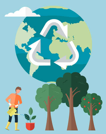 Planet with arrows as symbol of recycling waste. Man gardener waters flower in pot from watering can. World globe with eco symbol. Guy is holding watering can and pours water on tree saplingのイラスト素材