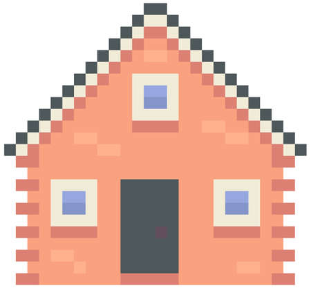 House isolated on white. Pixelated apartment building with many windows for pixel game design. Panorama architecture. 8-bit. Layout of mobile app, computer game. Old architectural cartoon buildingのイラスト素材
