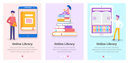 Set of illustrations on the topic of electronic library. Webpage for reading books online flat vector illustration. Website landing page template. Literature in the smartphone over the Internetのイラスト素材