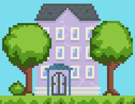House surrounded by green spaces and plants. Apartment building with many windows for pixel game. Panorama architecture. Layout of mobile app, computer pixelated game. Old architectural constructionのイラスト素材