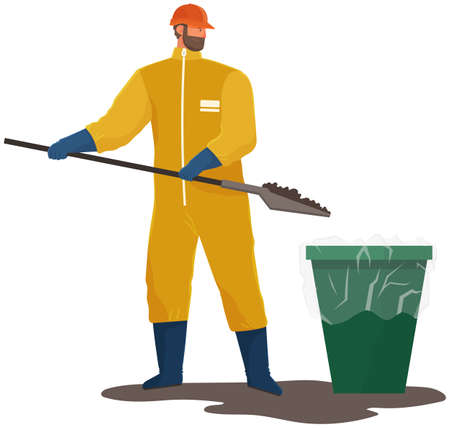 Global pollution concept. Volunteer is cleaning dirty area. Male character in protective suit collects polluting oil and waste. Man is picking up contaminated soil with shovel and throwing it outのイラスト素材