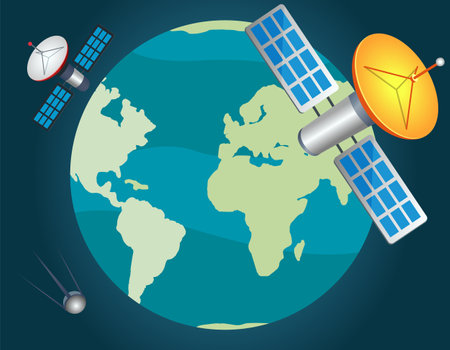 Artificial satellites fly around planet and monitor state of ecology, population and nature. Satellite antennas in space sending signals to Earth. Space objects are charged with solar panelsのイラスト素材