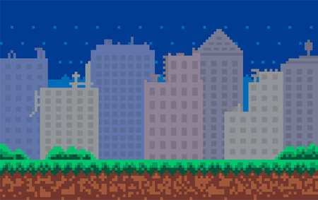 Empty city vector illustration. City downtown landscape with skyscraper silhouettes. Design for mobile app, computer game. Low-rise apartment buildings on background of sky. Modern town architectureのイラスト素材
