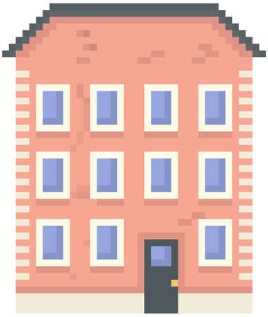 House isolated on white. Pixelated apartment building with many windows for pixel game design. Panorama architecture. 8-bit. Layout of mobile app, computer game. Old architectural cartoon buildingのイラスト素材