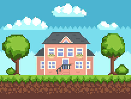 House surrounded by green spaces and plants. Building with many windows for pixel game designのイラスト素材