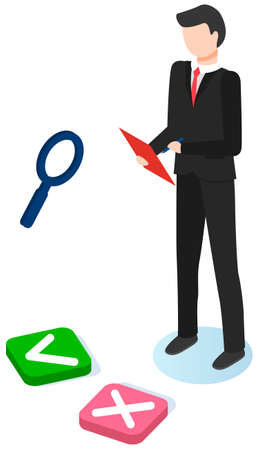 Businessman stands with clipboard. Magnifying glass for detailed studying. Man makes choiceのイラスト素材