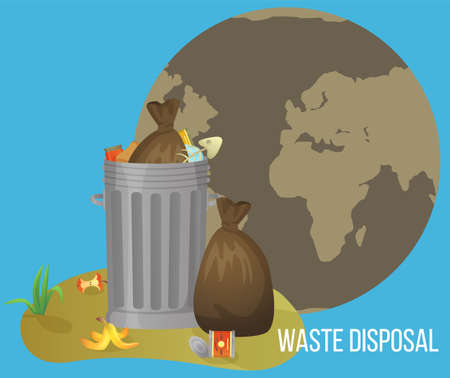 Full garbage bin and polluted planet vector illustration. Pile of different waste in trash canのイラスト素材