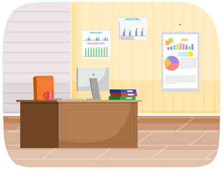 Modern workplace flat design. Office chair and office desk with stack of books in cozy room interiorのイラスト素材