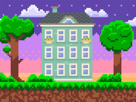 House surrounded by green spaces and plants. Building with many windows for pixel game designのイラスト素材