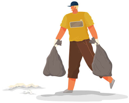 Male character transfering garbage bags for recycling. Cartoon character is removing paper wasteのイラスト素材