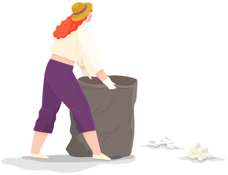 Girl volunteering collects garbage and rubbish on contaminated territory. Woman throwing paper wasteのイラスト素材