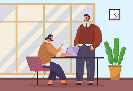 Business meeting and consideration of working moments. Friendly team work, peer discussionのイラスト素材