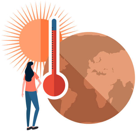 Girl looking at thermometer measuring temperature of air and water on planet. Global warming posterのイラスト素材