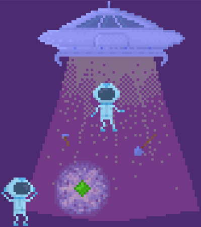 UFO on spaceship. Space pixel game design layout. Flying saucer engulfs alien vector illustrationのイラスト素材