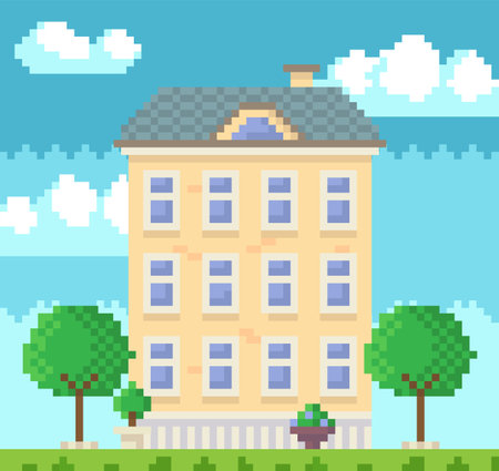 House surrounded by green spaces and plants. Building with many windows for pixel game designのイラスト素材
