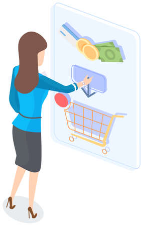 Concept of electronic payment, shopping online app. Woman buys goods, modern financial technologiesのイラスト素材