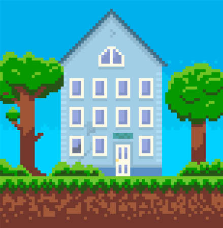 House surrounded by green spaces and plants. Building with many windows for pixel game designのイラスト素材