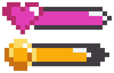 Life bar and coin bar elements pixel art. Pixelated progressor, energy, mana level, health reserveのイラスト素材