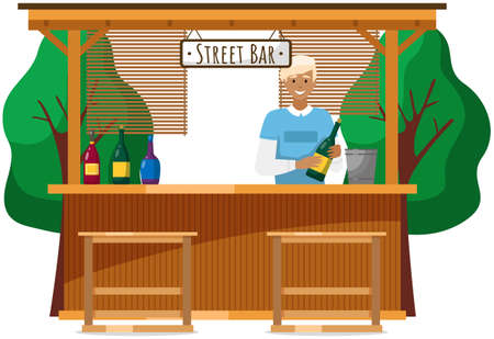 Drinking coffee and eating in street cafe. Friends meeting. Crowded outdoor restaurant or bar in cityのイラスト素材