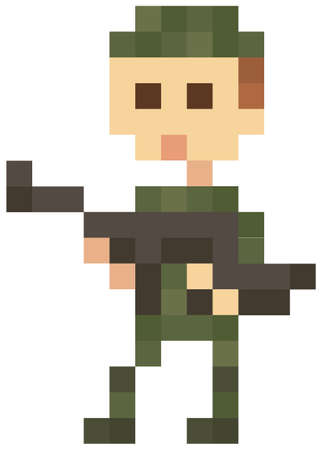 Soldier in military uniform for pixel game design. Man armed with amachine gun prepares for attackのイラスト素材