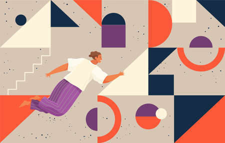 A man flying in abstract imaginary space organizing different geometric shapes. Teamwork concept