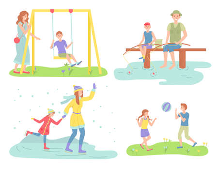 Family outdoor activities, mother, kid on swing, father fishing with son, mom with daughter skatingのイラスト素材