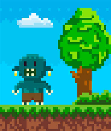 Vector pixel geek character. Illustration of pixelated monster in natural landscape with green treeのイラスト素材