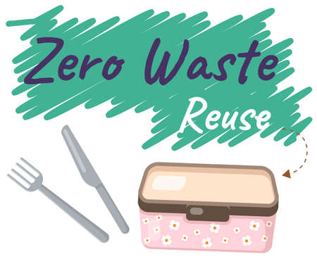 Reusable lunchboxe and cutlery, food container with text. Pack your launch in reusable boxのイラスト素材
