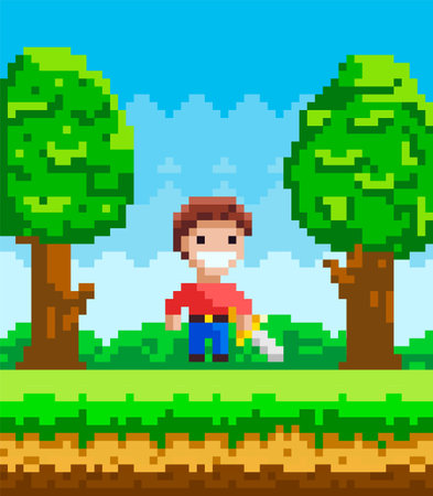 Vector pixel-game character. Pixelated man with steel sword in nature landscape forest backgroundのイラスト素材