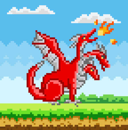 Pixel red three-headed dragon. Pixelated dinosaur with wings breathes fire in nature landscapeのイラスト素材