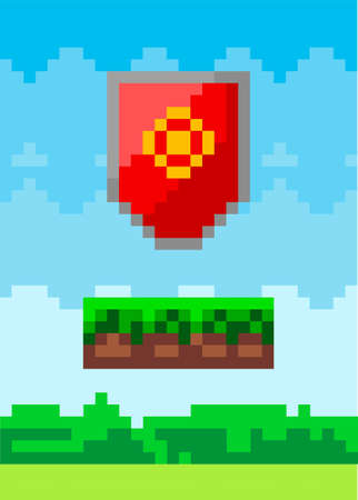 Pixel-game red shield icon. Abstract baffle pixelated object in pixel style in nature landscapeのイラスト素材