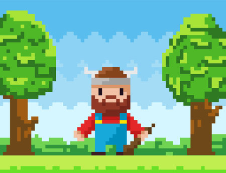 Vector pixel-game character brave viking. Pixelated bearded man with club in nature landscapeのイラスト素材