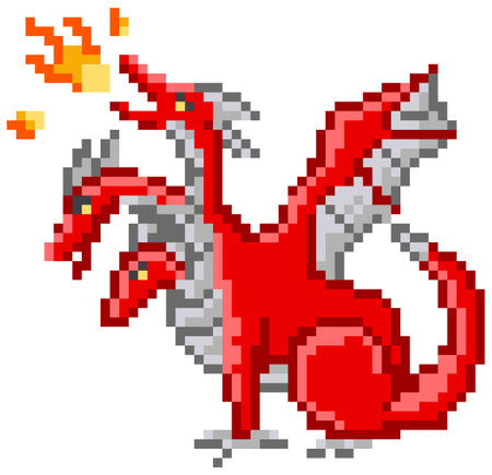 Pixel monster character red three-headed dragon. Pixelated dinosaur breathes fire isolated on whiteのイラスト素材