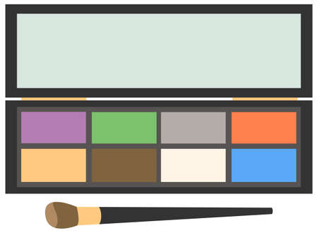 Eyeshadow makeup palette. Vector black case with matte, colorful pigments. Shadows set with brushのイラスト素材