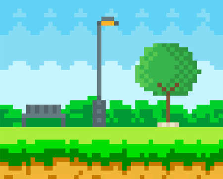 Pixel art game nature landscape with trees, bushes, benches and street lamp, blue sky in city parkのイラスト素材