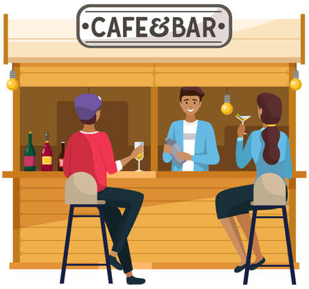 Drinking coffee and eating in street cafe. Friends meeting. Crowded outdoor restaurant or bar in cityのイラスト素材