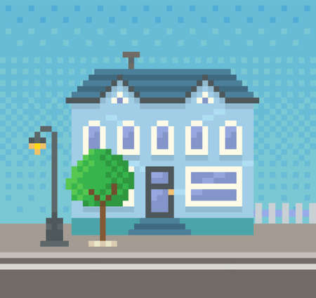 House surrounded by green spaces and plants. Building with many windows for pixel game designのイラスト素材