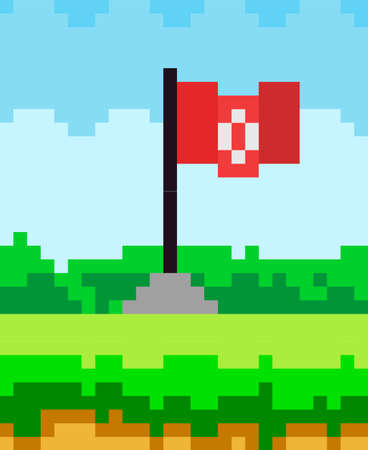 Pixel art flat style flag icon. 8-bit sprite. Game assets pixelated fabric material on wooden poleのイラスト素材