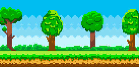 Pixel-game background. Pixel art game scene with green grass and tall trees against blue skyのイラスト素材