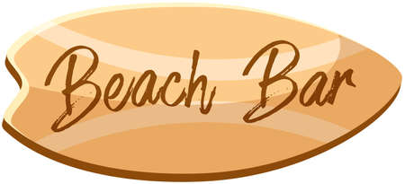 Beach bar inscription on sign in shape of surfboard. Wooden signboard as bar advertisementのイラスト素材