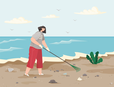 Woman is removing plastic and paper waste with rake on dirty beach and cleaning territoryのイラスト素材
