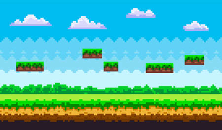 Pixel art game background, scene with green grass and ground platforms against blue sky with clouds