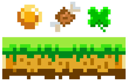Pixelated symbols of items collected during game against background of ground and grass platformのイラスト素材