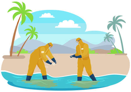 Men collect water in test tube and make notes during research against background of tropical islandのイラスト素材