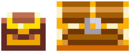 Wooden closed chest for pixel-game design. Pixel art icon. Pirate chest pixelated secret reward boxのイラスト素材
