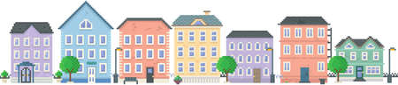 City downtown landscape with small houses and buildings. Design for mobile app, pixel computer gameのイラスト素材